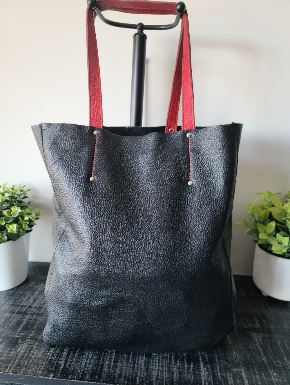 Roots Large Black Leather Tote Bag